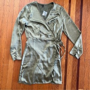 NEW Hey Babe silky satin wrap front jewel robe dress green m medium metallic